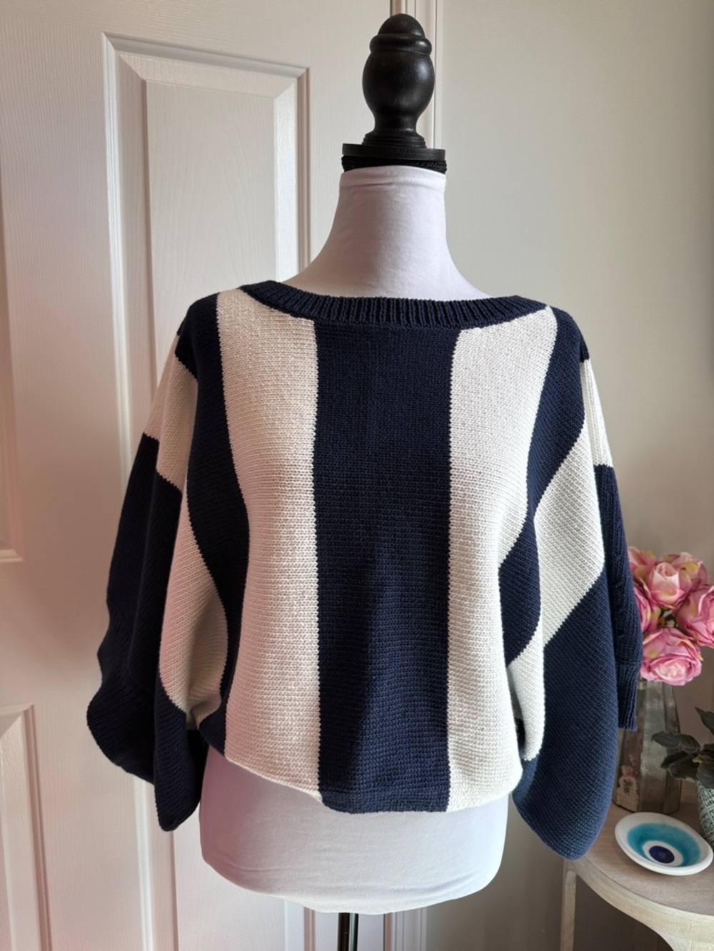 NWT Trina Turk Navy and White Wide-Stripe Crewneck Sweater